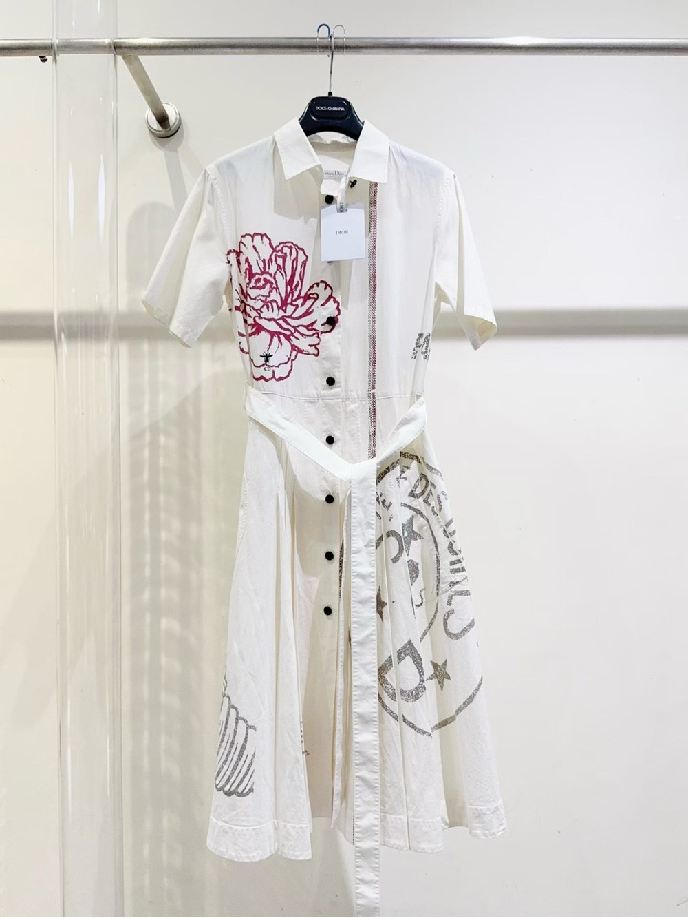 Dior White Shirt Dress with Pink Floral Embroidery